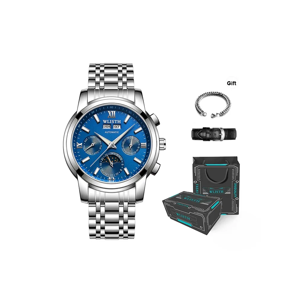WLISTH Mechanical Movement Stainless Steel Watchband Watch Men's Watches Blue Dial