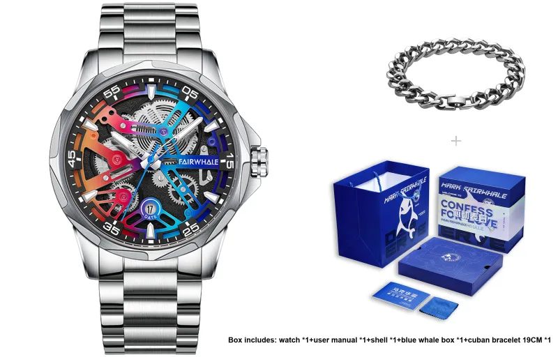 FAIRWHALE Starlight Collection Automatic Mechanical Movement Metal Strap Watch Men's Watches White Dial-0