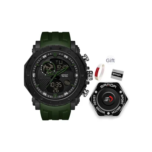 Sanda Электронный + Кварцевый механизм Резиновый ремешок Часы Мужские Черный циферблат
