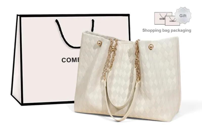 COMELY Synthetic Material Fabric Tote Bag Shoulder Bag Large Size Women's Coffee/Ecru-2