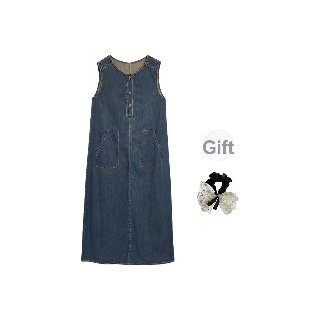 PAVEA Sleeveless Dresses Women's Dark Blue+Hair Tie Comes With