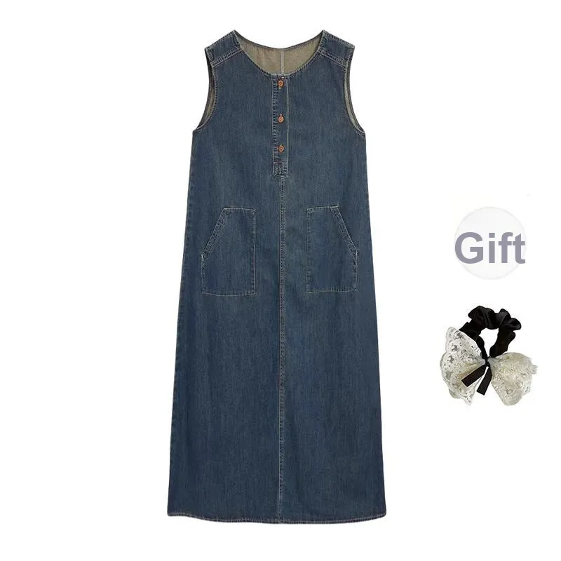 PAVEA Sleeveless Dress Women's Dark Blue Includes Hair Tie