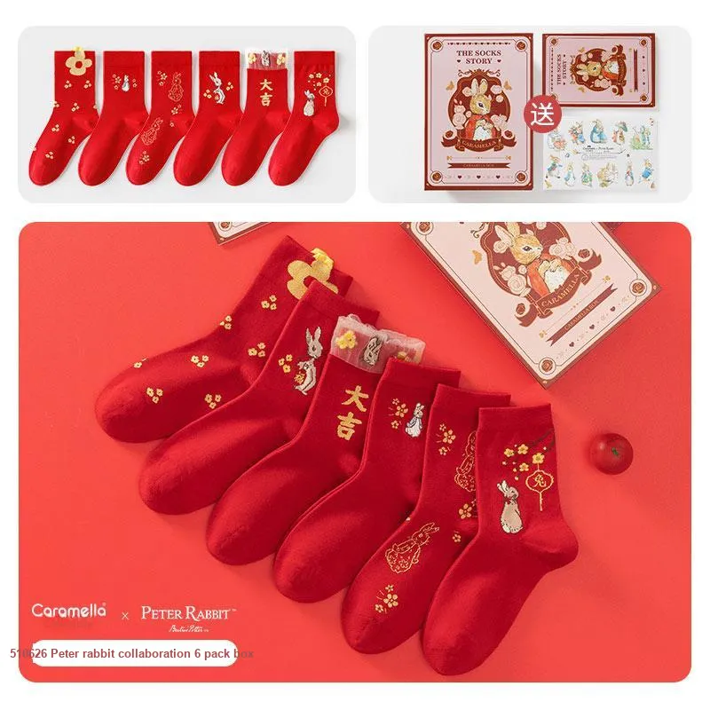 Caramella x Peter Rabbit Mid Calf Socks Unisex 6 Pack Red-7