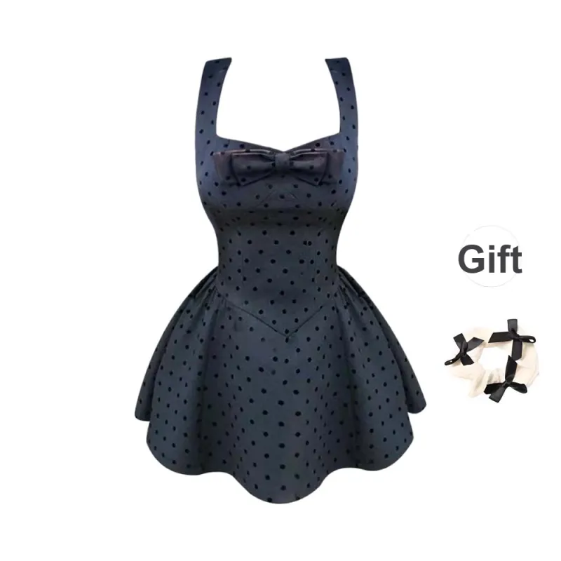 TURN UP Sleeveless Dress Women's Dark Gray Polka Dots+Bowknot Hair Tie Comes With-0