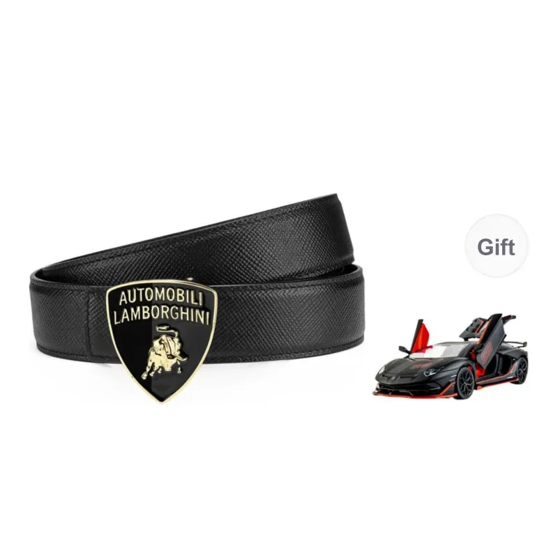 Automobili Lamborghini Shield Design Genuine Leather Cross Grain Luxury Cow Leather Belts Men's Width 3.45cm-7