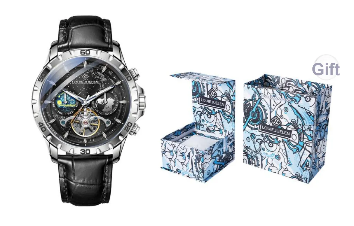 LOUIE JUELEN Automatic Mechanical Movement Stainless Steel Watchband Watch Men's Watches Black Dial