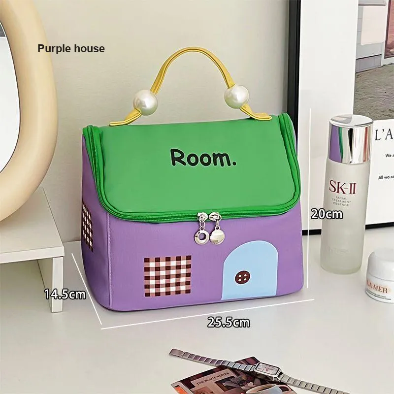 LIANXIANGKE Little House Dopamine Dressing Makeup Bags Large Capacity Partitioned Multi Layer Portable-1