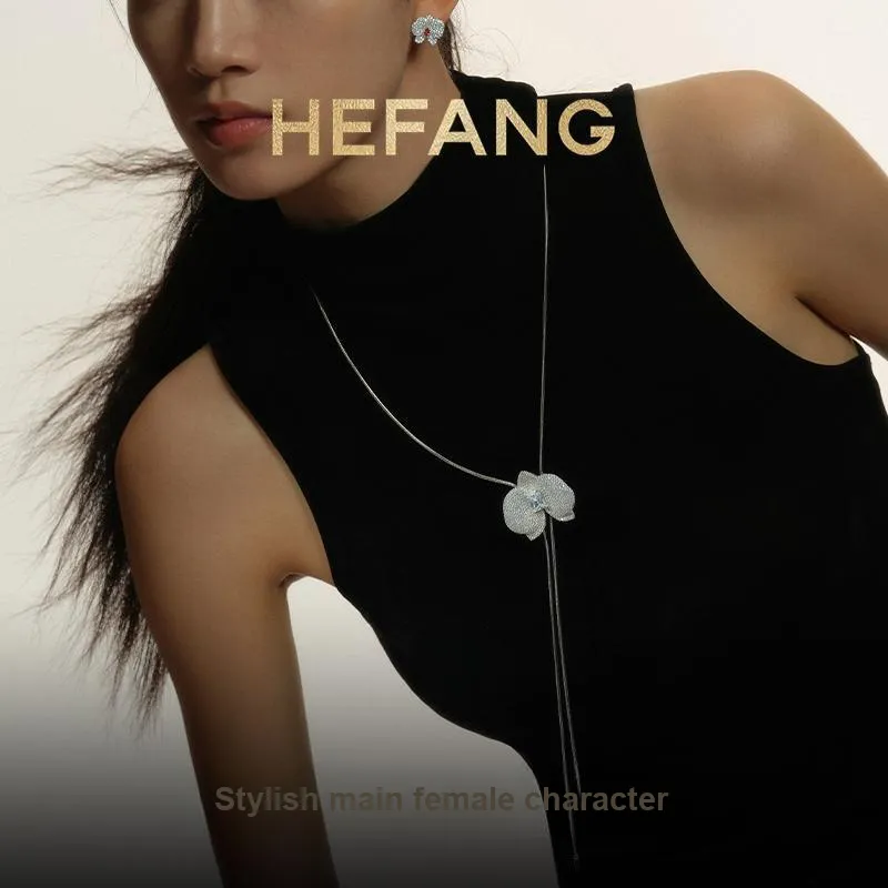 HEFANG All Things Spiritual Collection Copper Moth Orchid Long Necklace Women's Silver-1