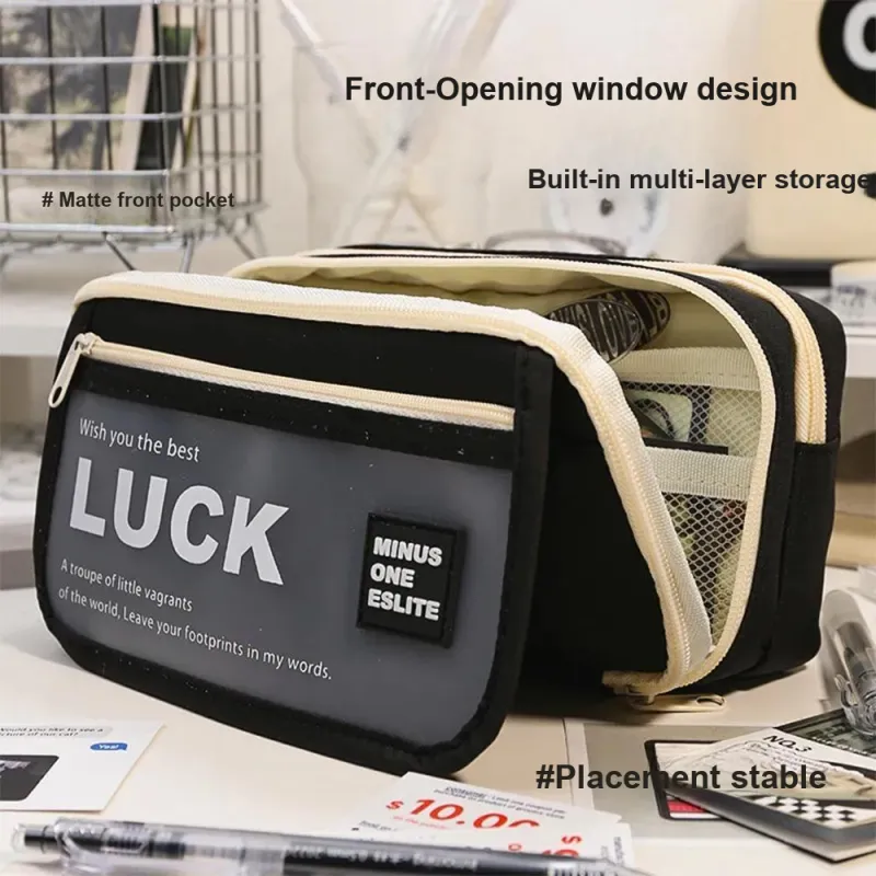 YUANPU Selected Minimalist Style Fashion Letter Print Flap Multi Layer Canvas Pencil Case Pencil Case/pencil Box-1