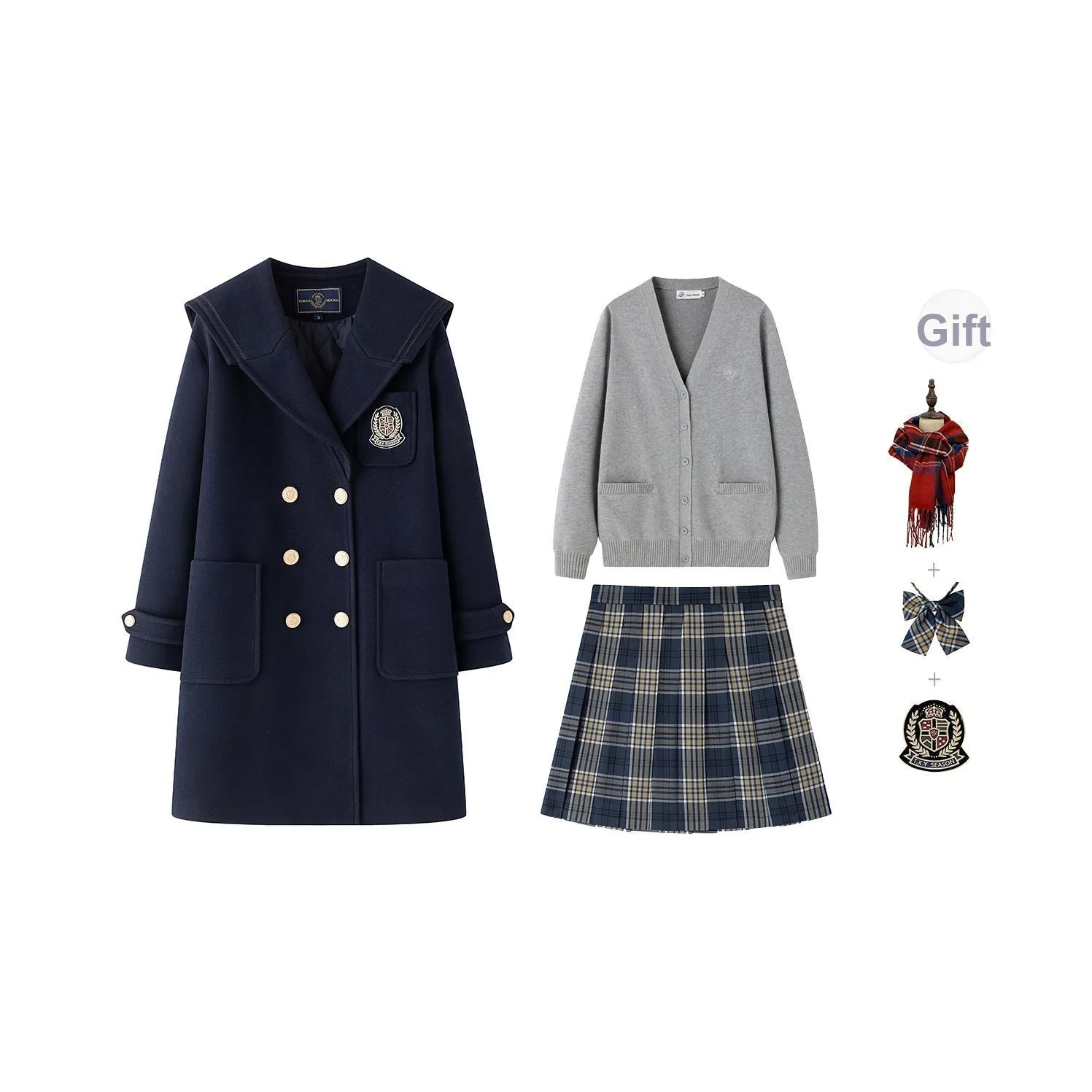 Tokyo Season Темно-синий Пальто Подкладка Утепленная+Желтый, зеленый Юбка, с подарками Бесплатно Кардиган+Галстук-бабочка+Шарф+Значок Женская Униформа