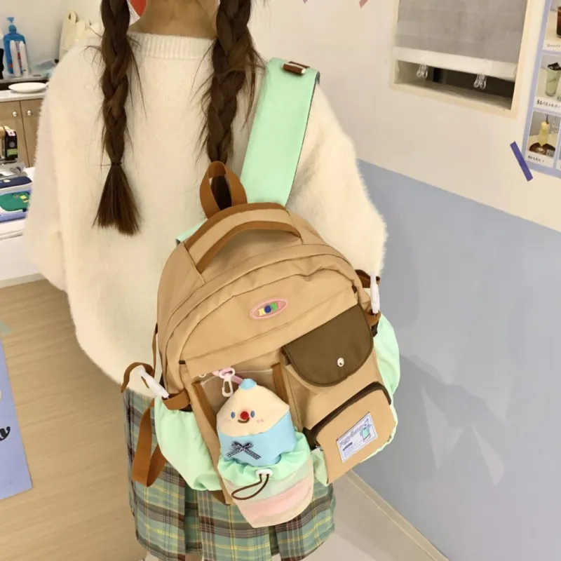Kaka Tree Nylon Backpack Large Size Unisex White/Khaki-4