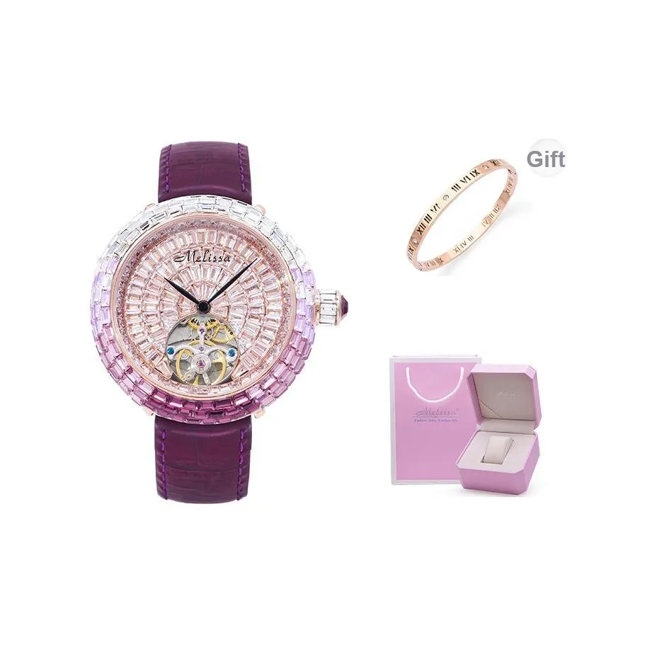 Melissa Автоматический Механический Механизм Естественная Кожа Ремешок Часы Женские Фиолетовый Циферблат