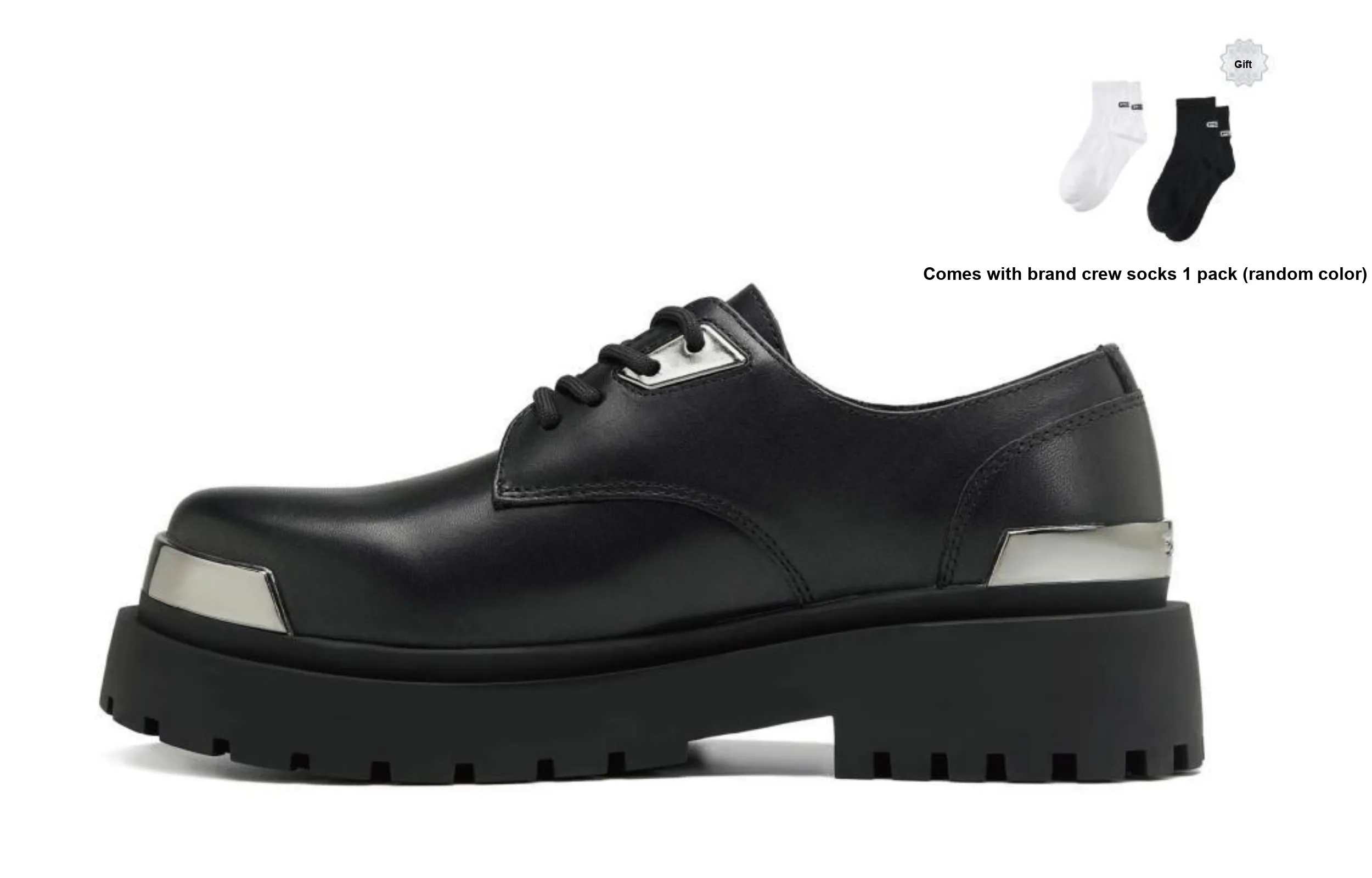 PCLP Cow Leather Round Tip Metal Plate Fashion Casual Derby Shoes Unisex Black