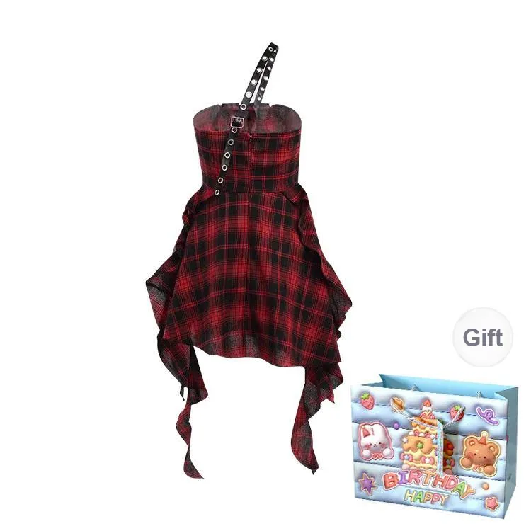 WOWI Slip Dresses Women's Red Plaid Skirt Shopping Bag-1