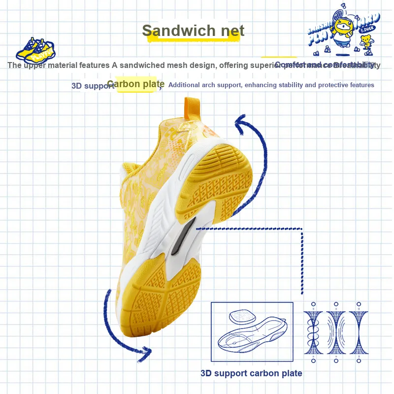 KUMPOO Cushioning Coverage Wear Resistant Breathable Slip Resistant Low Top Badminton Shoes White/Yellow-6