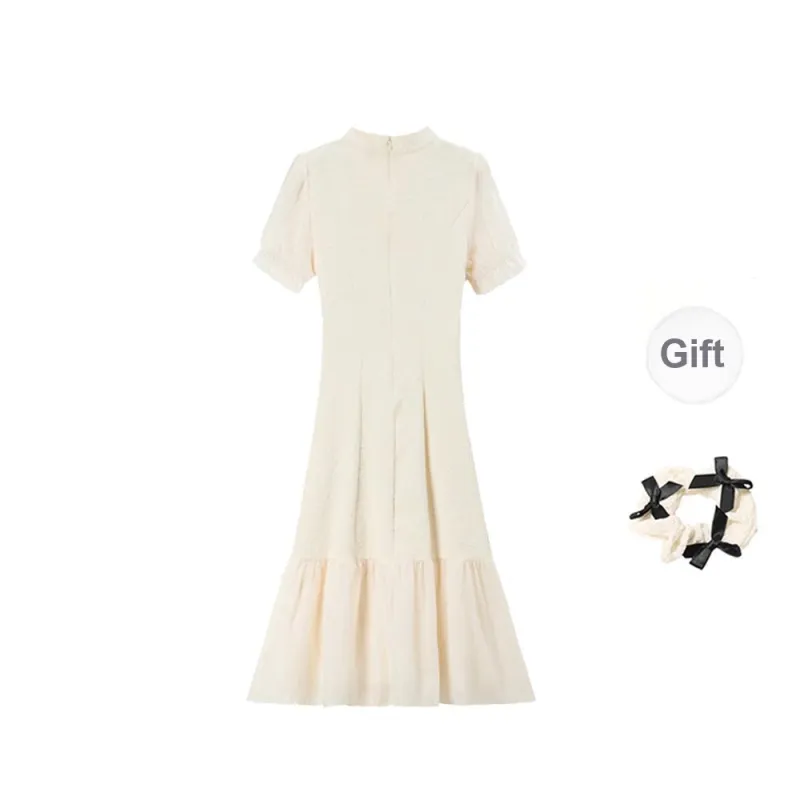 TORIGHT Short Sleeved Dress Women's Apricot+Bowknot Hair Tie Comes With-1