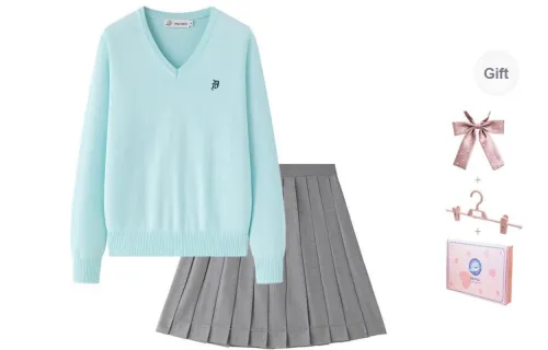 Tokyo Season Uniforms Women's Aqua Blue Sweater+Gray Pleated Skirt, Comes With A Free Bow Tie