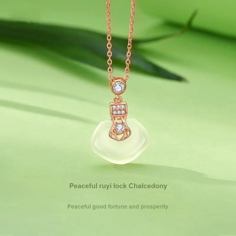 Artisan Lock Heart Jade Natural Chalcedony Necklaces Unisex-1