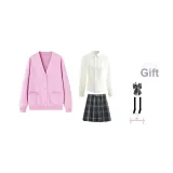 Pink Cardigan+V-Neck Length Sleeve+Dark Night Killer Short Skirt, Includes Bow Ties+Calf Socks+Hanger