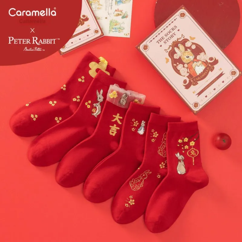 Caramella x Peter Rabbit Mid Calf Socks Unisex 6 Pack Red-5