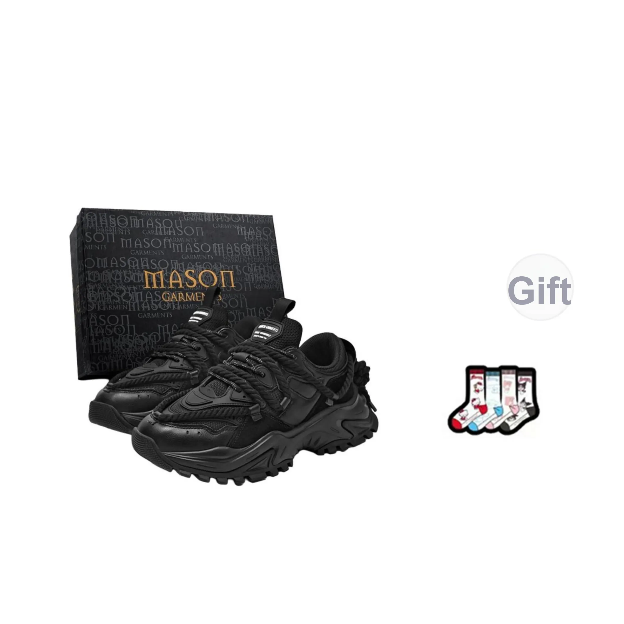 Masongarments Акулий зуб Размер 3 Устойчивый к истиранию Увеличение высоты Низкий топ Кроссовки с толстой подошвой Унисекс Глубокий черный