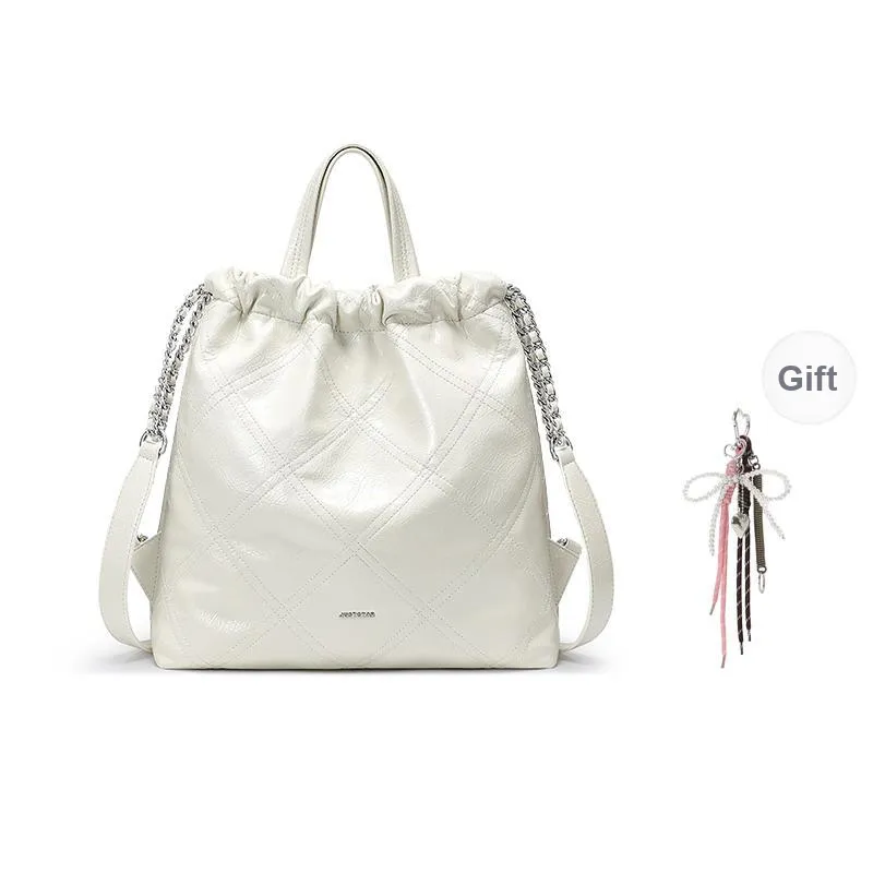 JUST STAR Waxed Leather Backpack Laptop Bag Large Size Women's White/Black/Pink