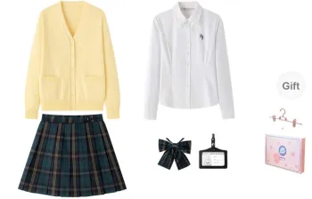 Tokyo Season Uniforms Women's Yellow Sweater+Dark Green Pleated Skirt, Comes With Free Shirt+Boxer+Hanging Tag
