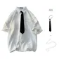 White Short-Sleeved Shirt, Comes with Black Tie+Reversible Smiley Face Necklace