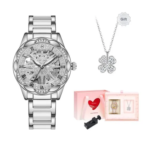MELSMAO Snowflake Queen Mechanical Movement Ceramic Strap Watch Women's Watch Silver Dial