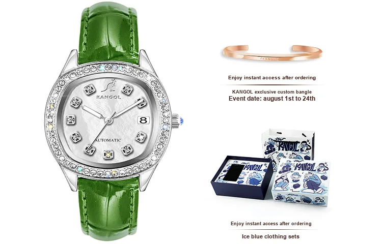 KANGOL Механические часы с кожаным ремешком женские с циферблатом из жемчужной раковины