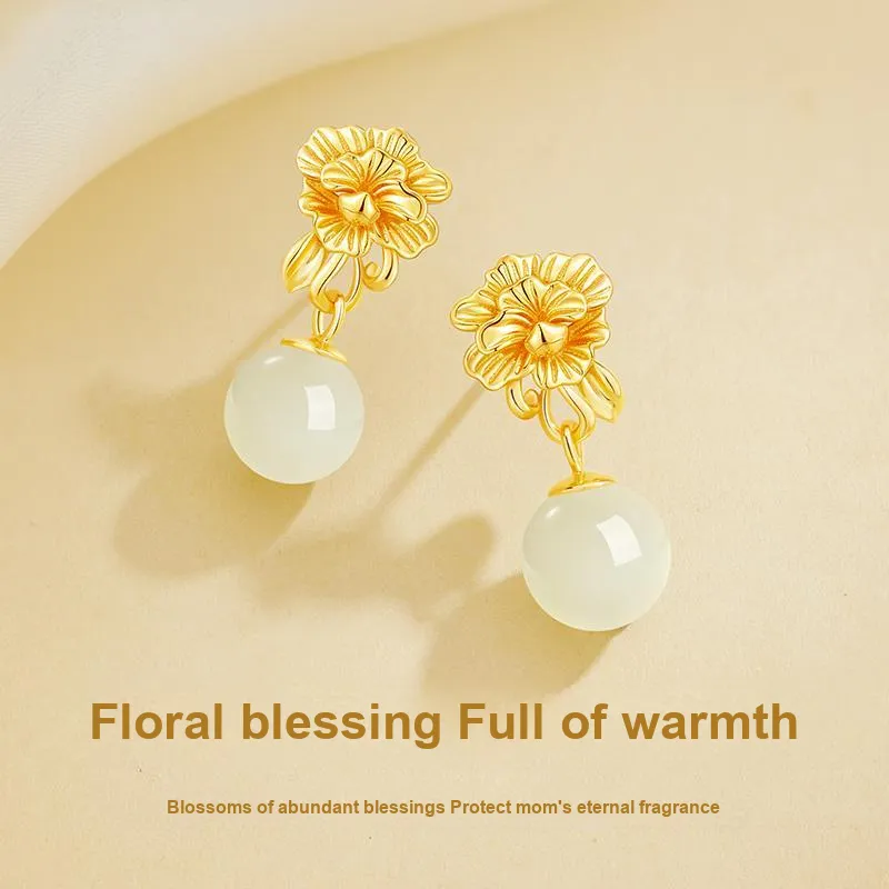 Central Fashion Hetian Jade Earrings Pale Greenish White Jade Women's-2