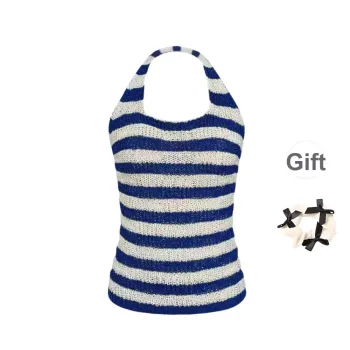 TURN UP Tank Tops Women's Blue Stripes Pattern+Bowknot Hair Tie Comes With