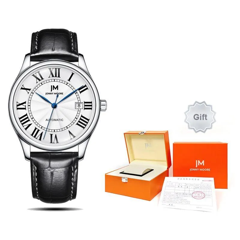 JONNY MOORE J1637L Collection Automatic Mechanical Movement Genuine Leather Strap Watch Unisex White Dial-4