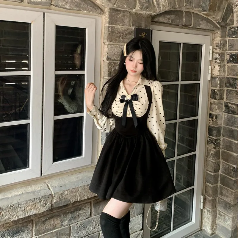 Blovelan Long-Sleeved Dresses Women's Black & Polka Dot Apricot-6