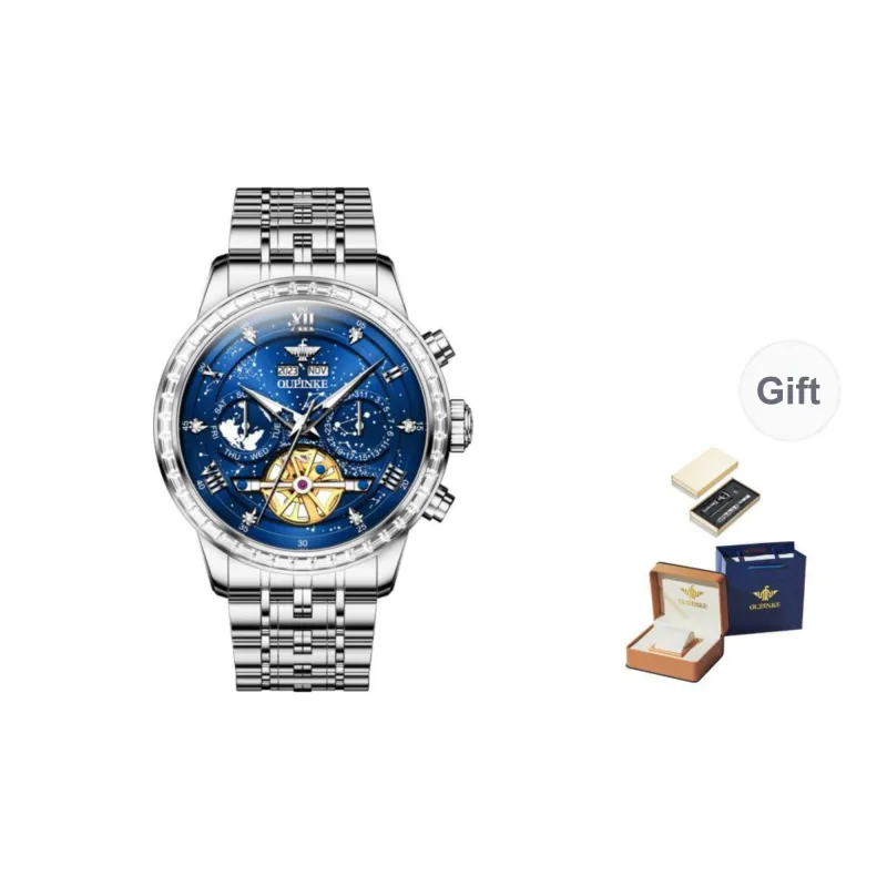 Oupinke Automatic Mechanical Movement Stainless Steel Watchband Watch Men's Watches Blue Dial-8