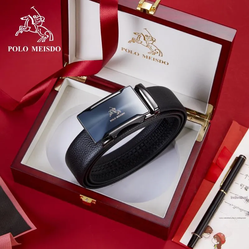 POLOMEISDO Top Grain Cow Leather Shiny Automatic Buckle Belt Leather Belts Men's Width 3.5cm-3