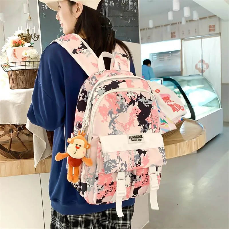 Meow In The Grass Nylon Backpack Unisex Pink/Black/Green/Lake Blue-3