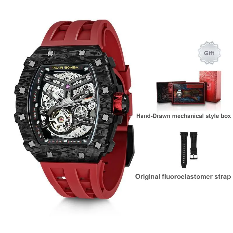 TSAR BOMBA Automatic Mechanical Movement Silicone Strap Watch Men's Watches Black Dial-13