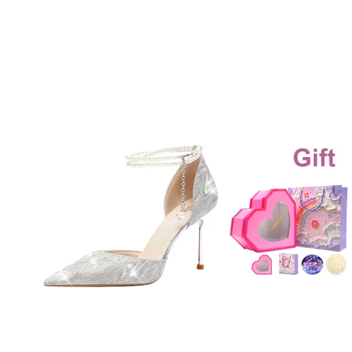 Crelinkxlat Pearl Chain Crystal Shoes For Evening French Slim Heel High Heels Women's Silver