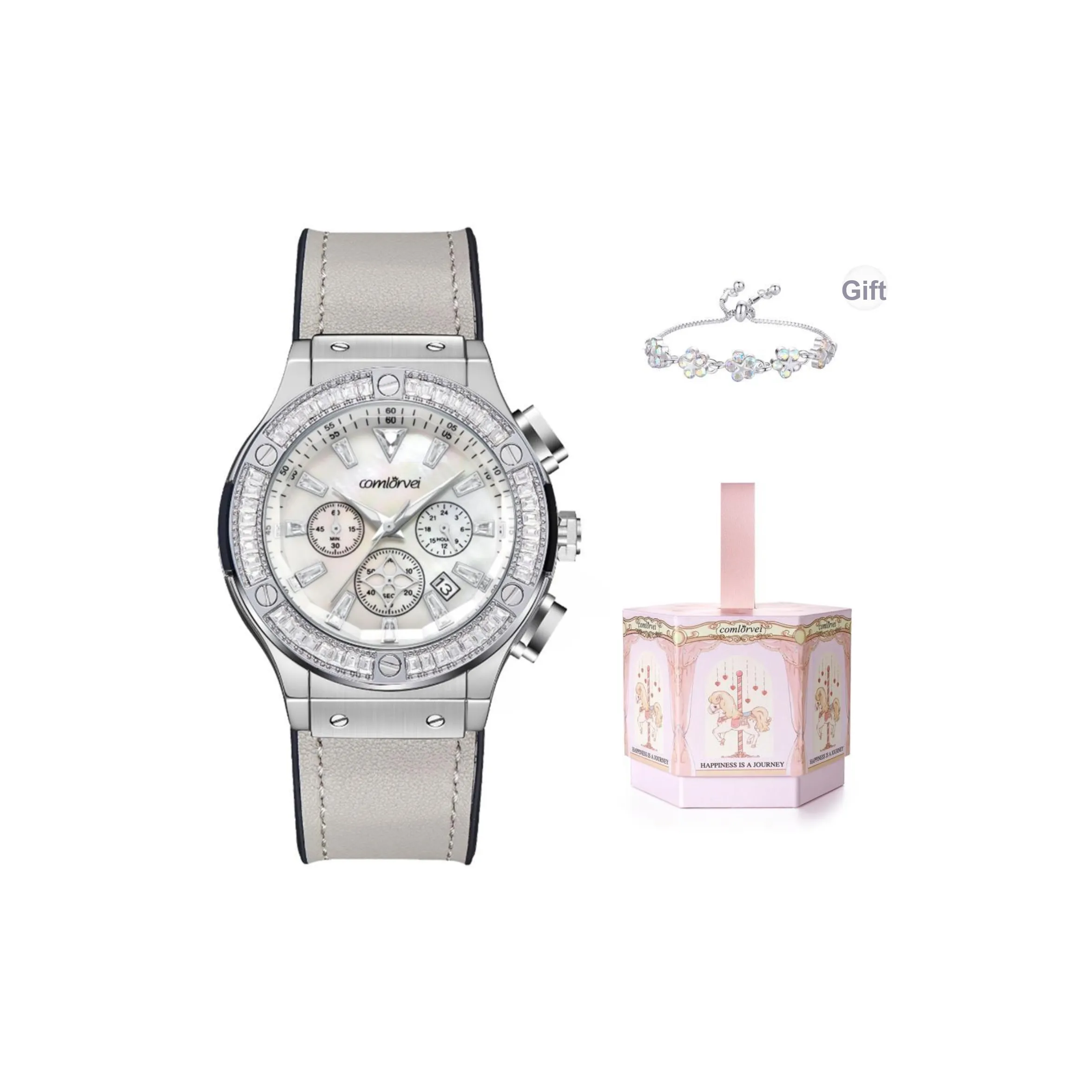 COMLORVEI Кварцевый механизм, Женские часы, 38 мм, Белый