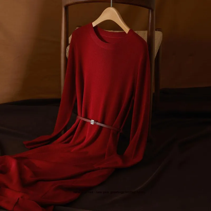 IHIMI Long Sleeved Dresses Women's New Year Red-3