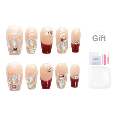 Yun Yue Joe Pearl Firework False Nail Medium LADDER Burgundy Gradient Cute