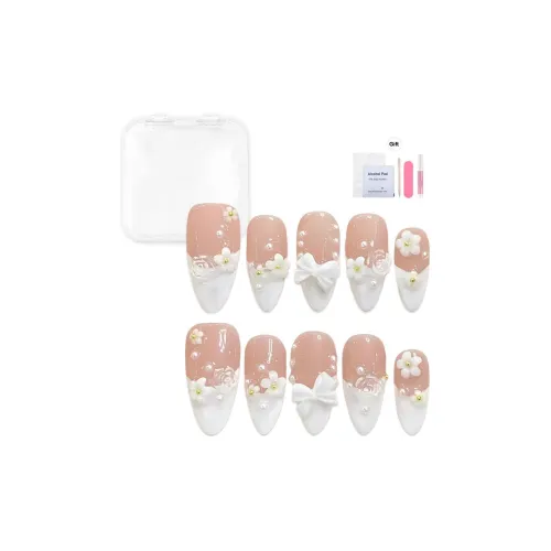 Yun Yue Joe Фея Мягкий Белый Цветочный Бант Розовые Оттенки 3D Эффект Жемчужный False Nail Миндаль 20 мм