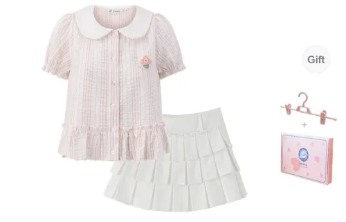 Tokyo Season Two Piece Skirt Sets Women's Gift Box Set, Floral Manual Pink Shirt+White Skirt Includes Leggings Comes With Skirt Clip