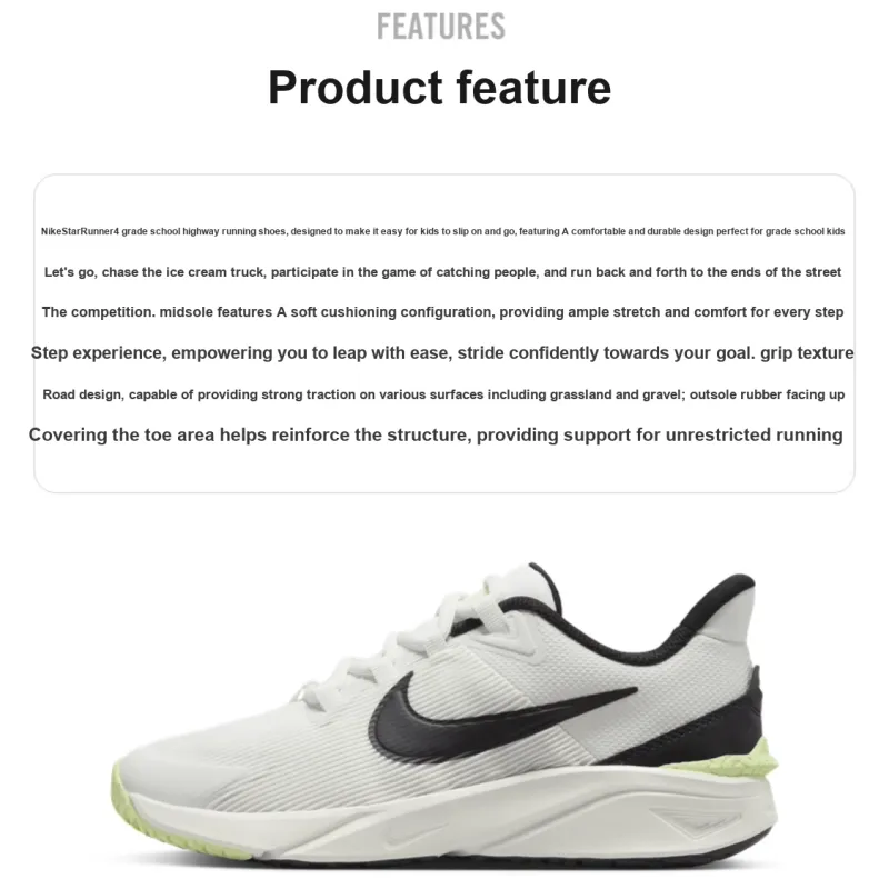 Nike Star Runner 4 Abrasion Resistant Low Top Kids' Running Shoes White Black Unisex-1
