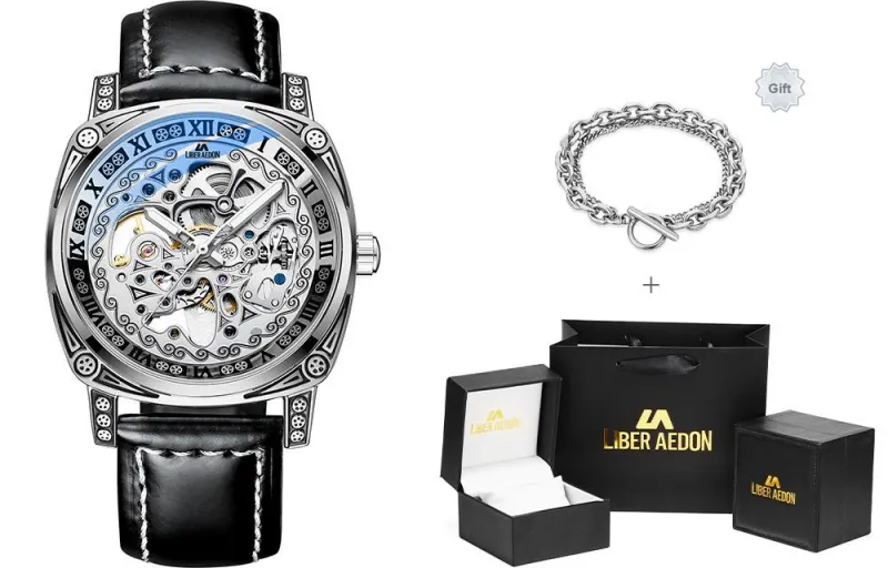 LIBER AEDON Automatic Mechanical Movement Genuine Leather Strap Black Dial Men's Watches-5