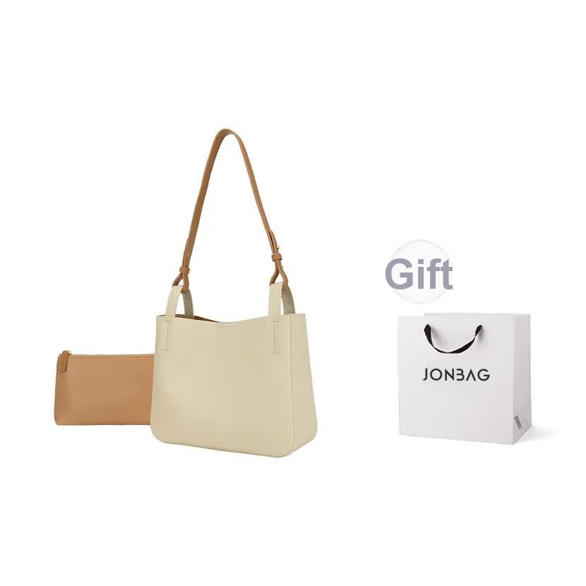 JONBAG Synthetic Leather Basket Bag Bucket Tote Shoulder Bag Medium Size Women's Matte Almond