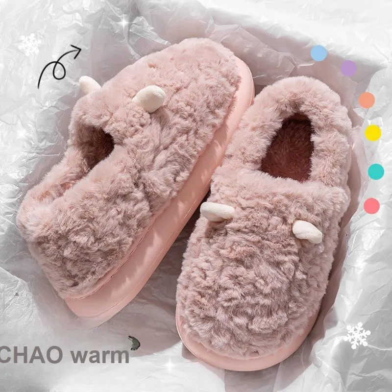 Foot Recreation 3D Effect Small Ears Solid Color Fleece Slippers Winter Home Indoor Warm Cotton Home Slippers Unisex-18