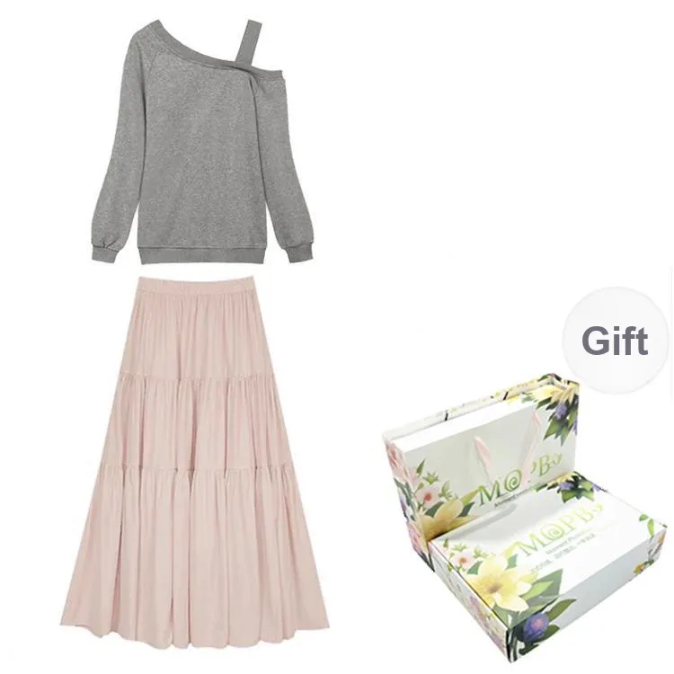 MOPB Skirt Set Women's Top Gray+Bottom Pink-8