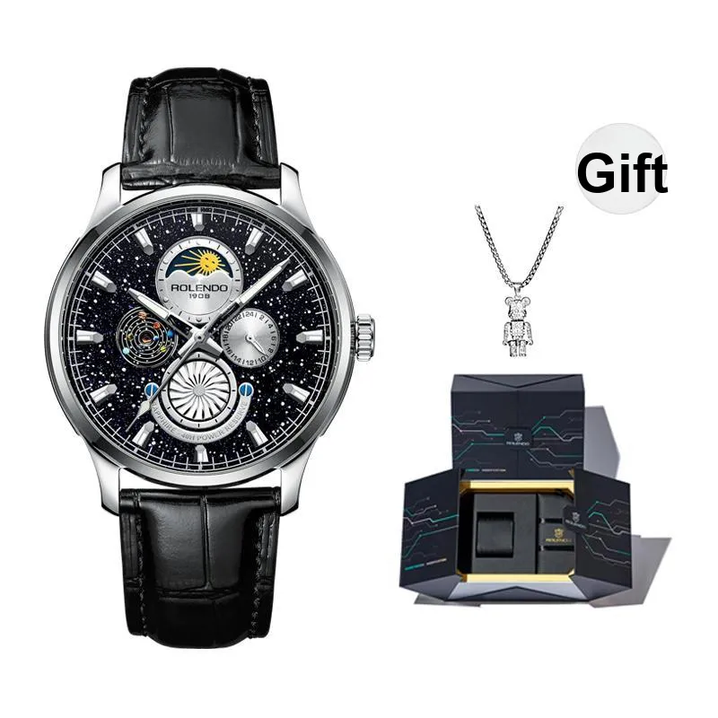 ROLENDO R Automatic Mechanical Movement Cow Leather Strap Watch Men's Watches Black Dial-9